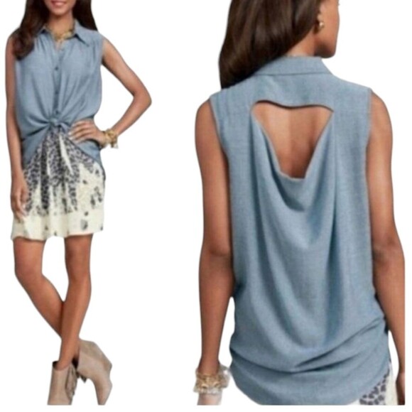 Cabi Top Tunic Blue Chambray Drape Open Back Hi Low Blouse Flowy Button‎ 387 S - Picture 9 of 13